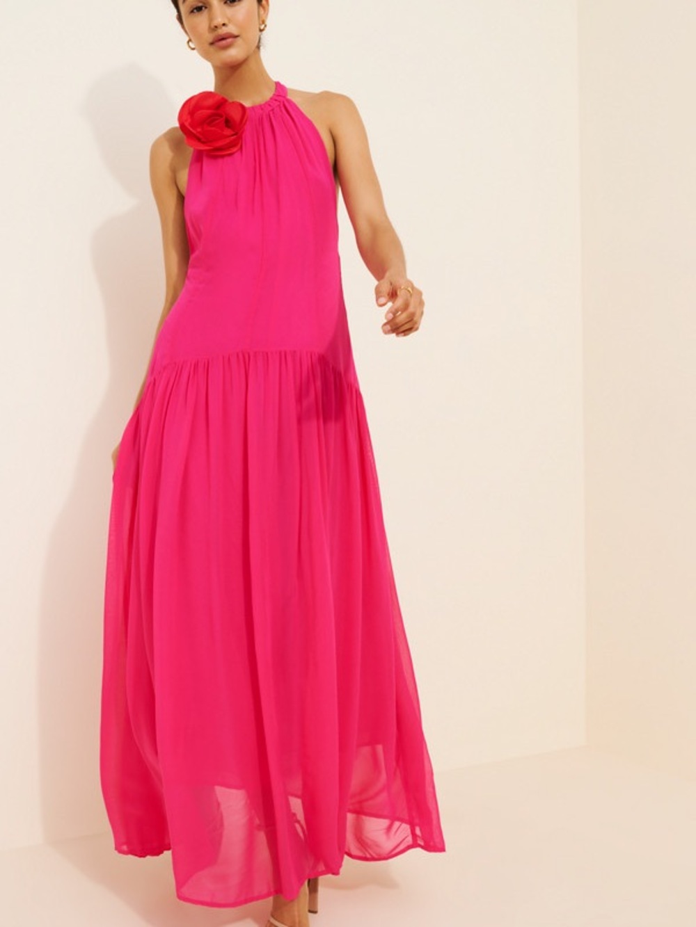 FARM Rio Hot Pink Halter Rosette Maxi Dress